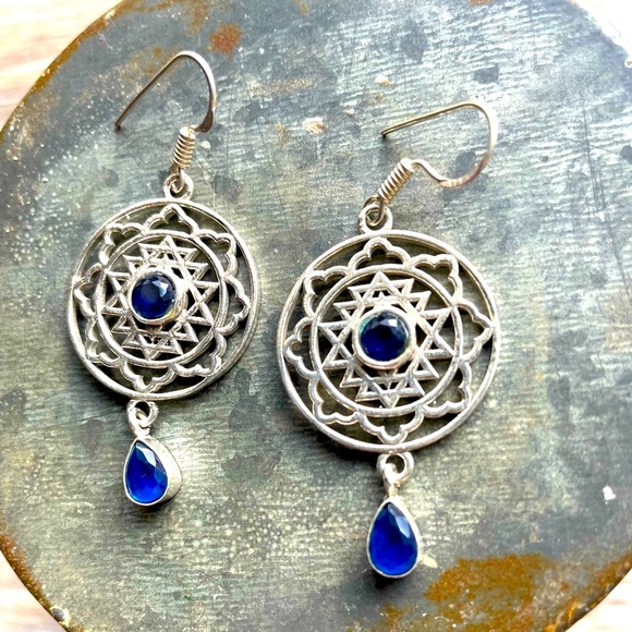 Silver 925 Blue Topaz Spiritual Mandala Dangle Drop 2” Pierced Earrings - Picture 1 of 8